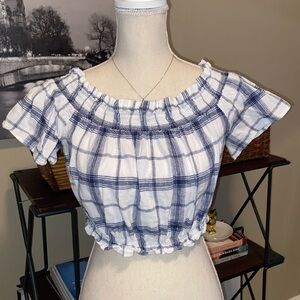 Sweet Plaid Cropped Crop Top Peasant Balloon Fit with Smocked Neckline Navy Blue
